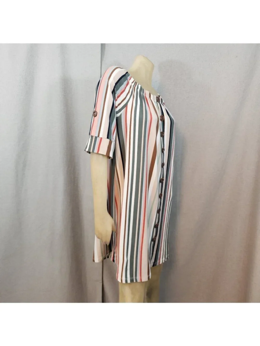 J for Justify Beige Brown Green Striped Scoop Neck Half Sleeve Shift Dress LARGE - Picture 3 of 7